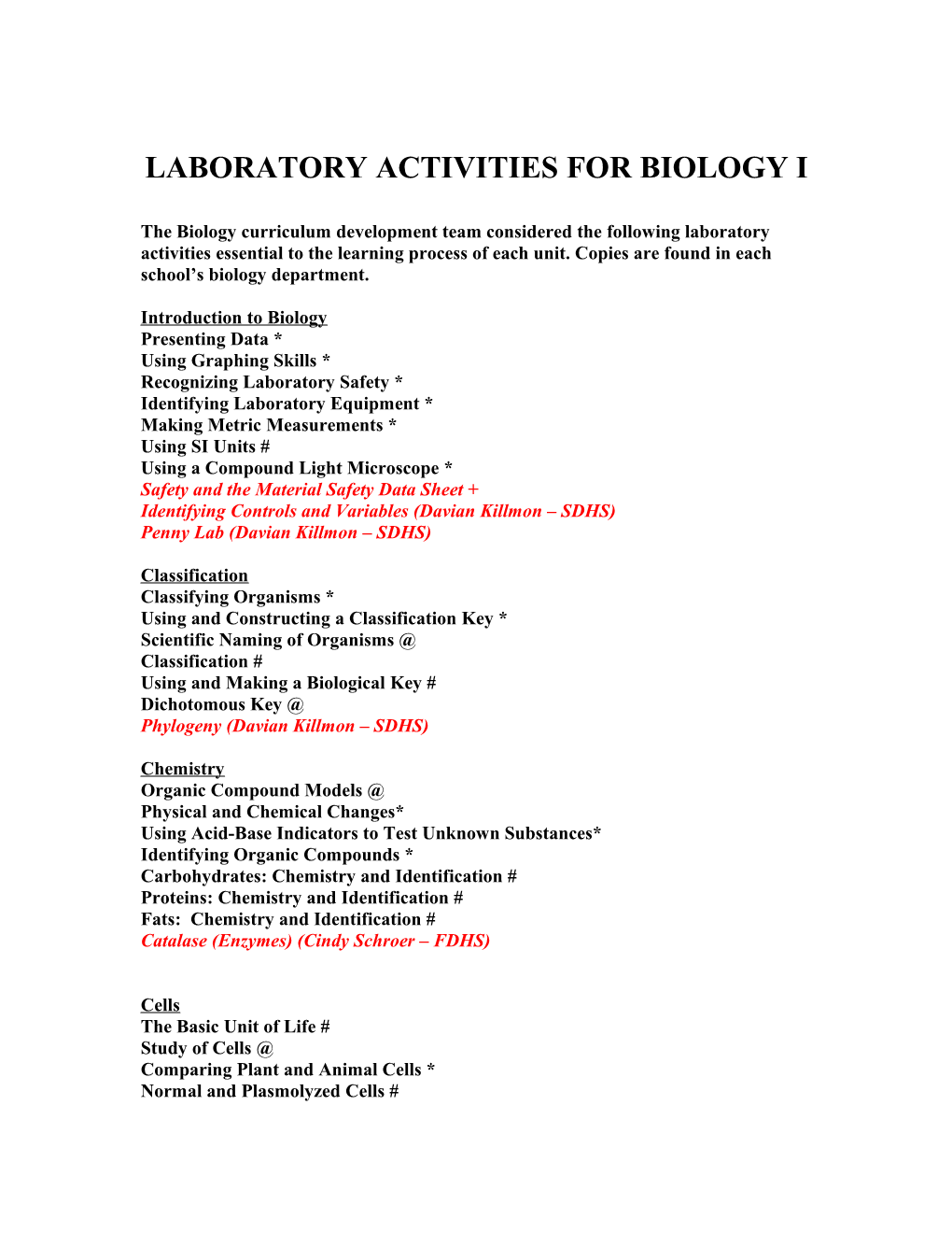 Laboratory Activities for Biology I