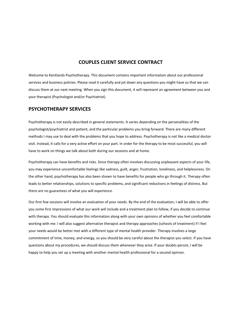 Couples Client Service Contract