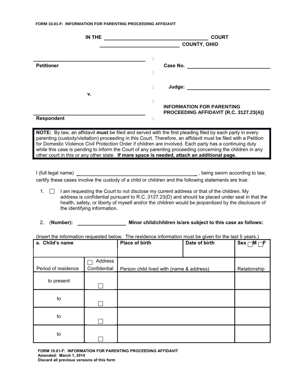 Form 10.01-F: Information for Parenting Proceeding Affidavit