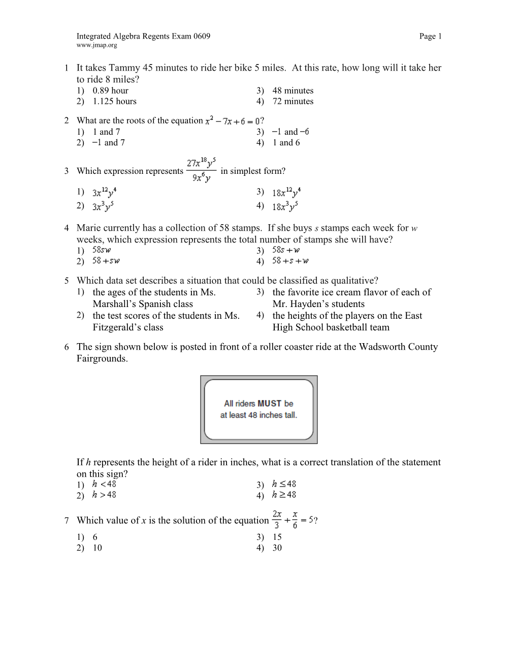 June 2009 Integrated Algebra Regents Exam