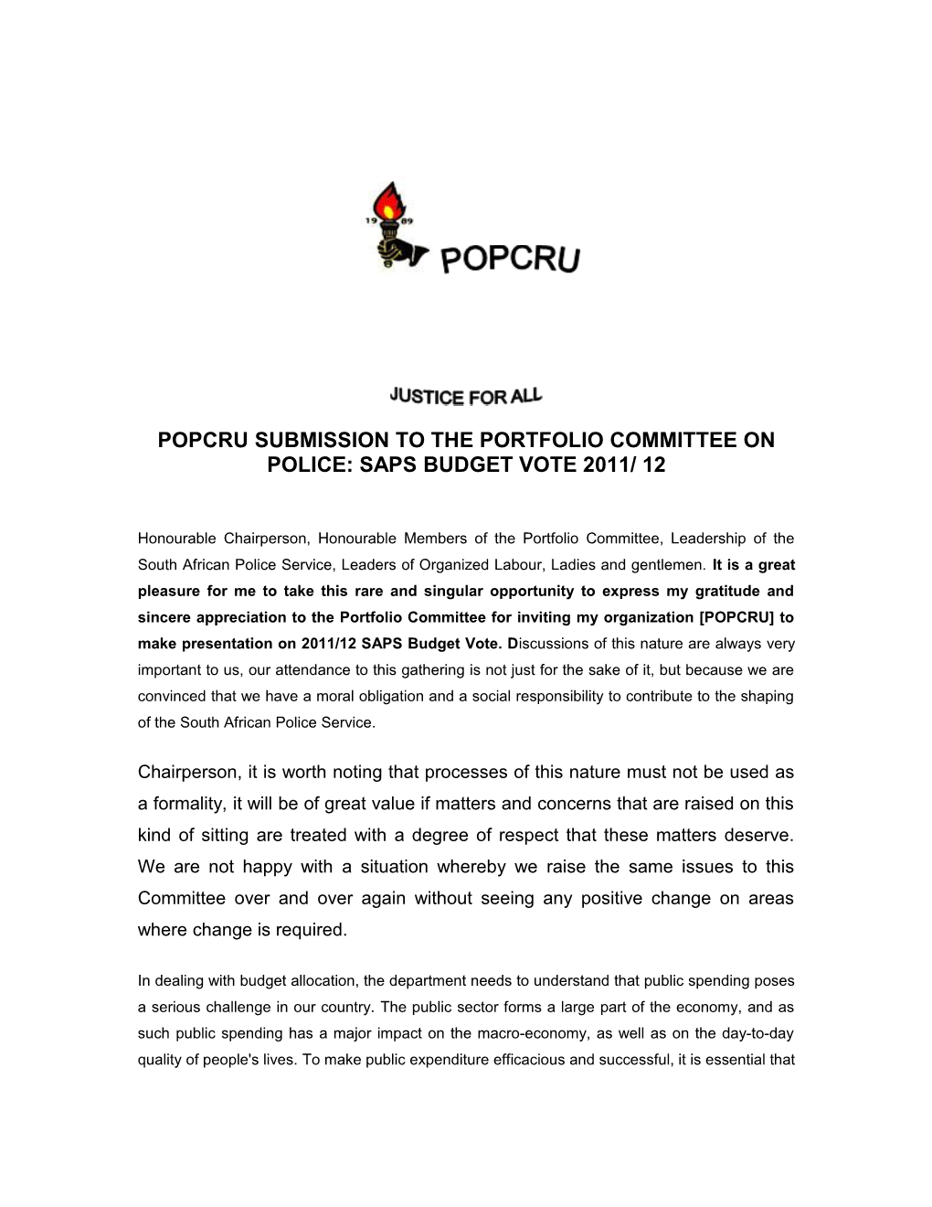 Popcru Submission to the Portfolio Committee on Police: Saps Budget Vote 2011/ 12