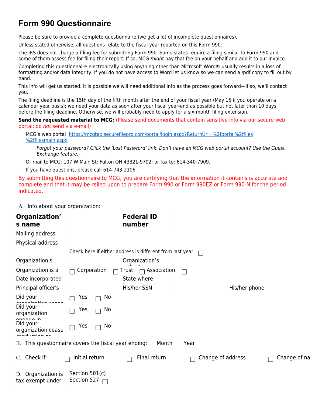 Form 990 Questionnaire