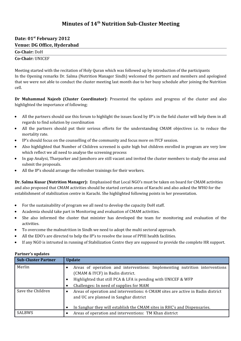 Minutes of 14Thnutrition Sub-Cluster Meeting