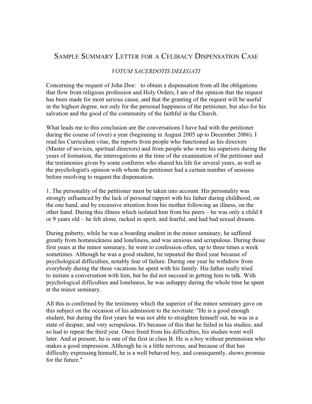Sample Summary Letter for a Celibacy Dispensation Case