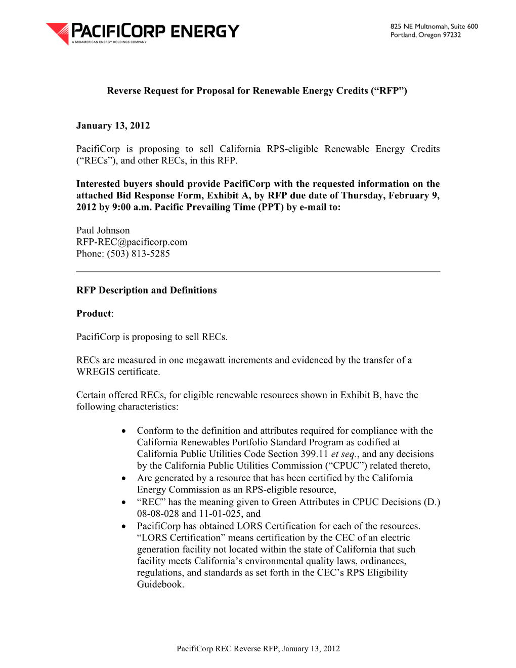 Reverse Request for Proposalfor Renewable Energy Credits ( RFP )
