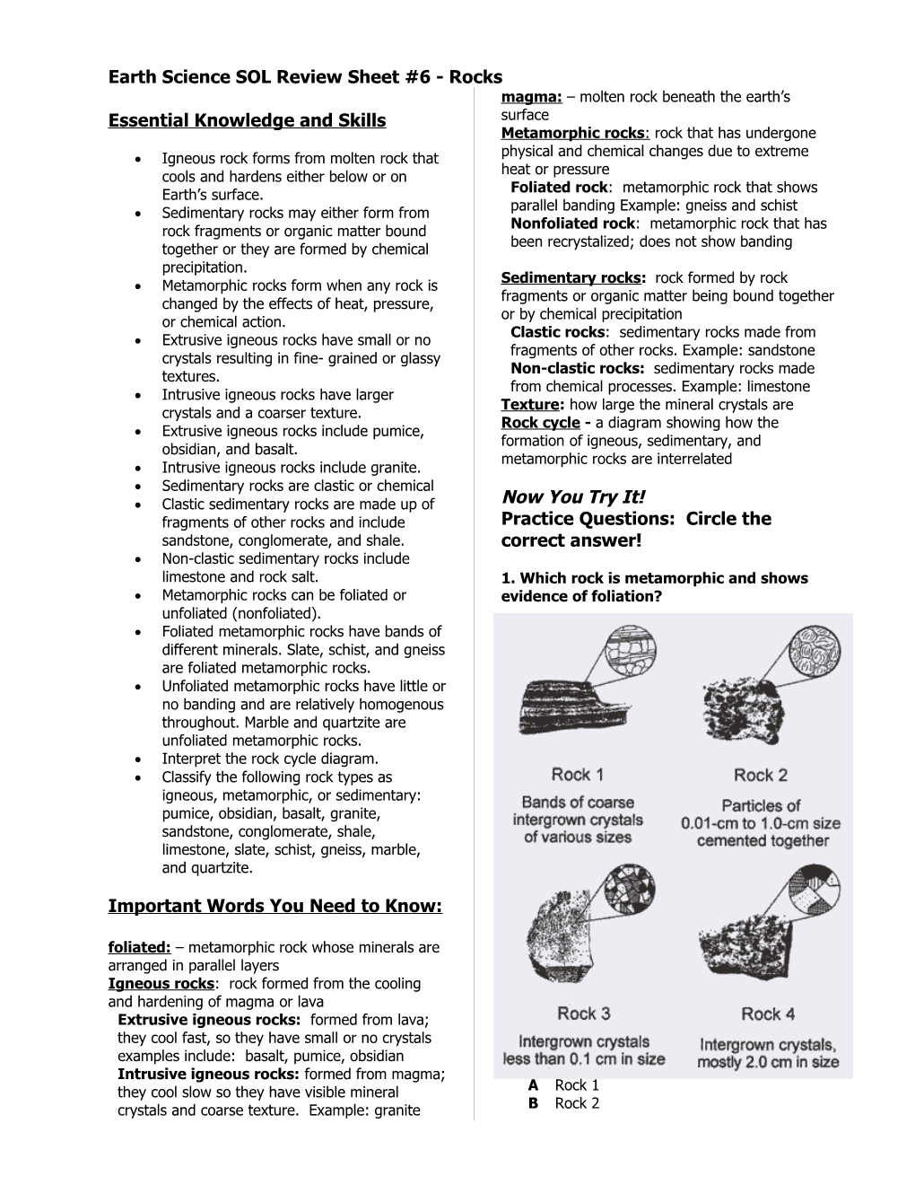 Earth Science SOL Review Sheet: Rocks