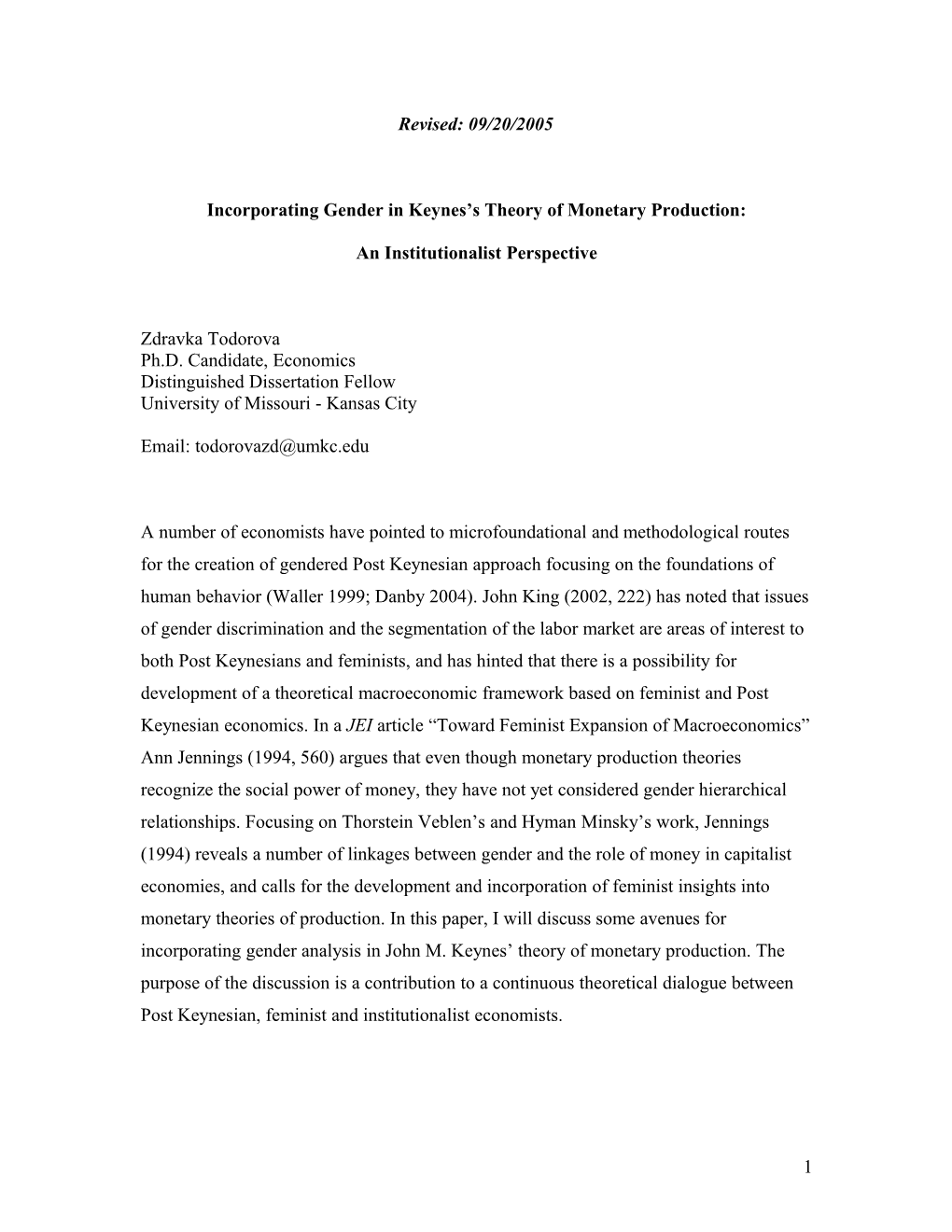 Incorporating Gender in Keynes S Theory of Monetary Production