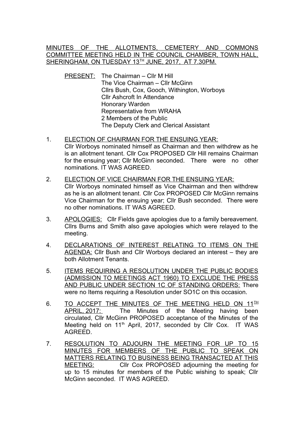 Minutes of the Allotments, Cemetery and Commons Committee Meeting Held in the Council Chamber