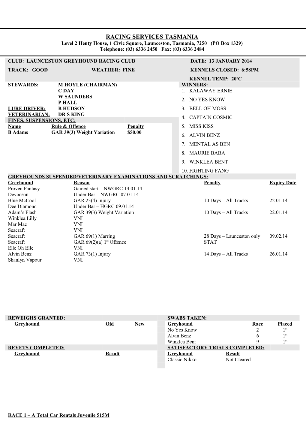 2014-01-13 - Launceston Greyhound Racing Club