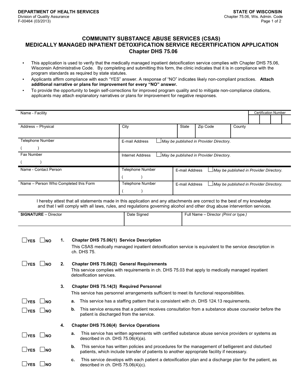 CSAS Medically Managed Inpatient Detoxification Servicerecertification Application - DHS