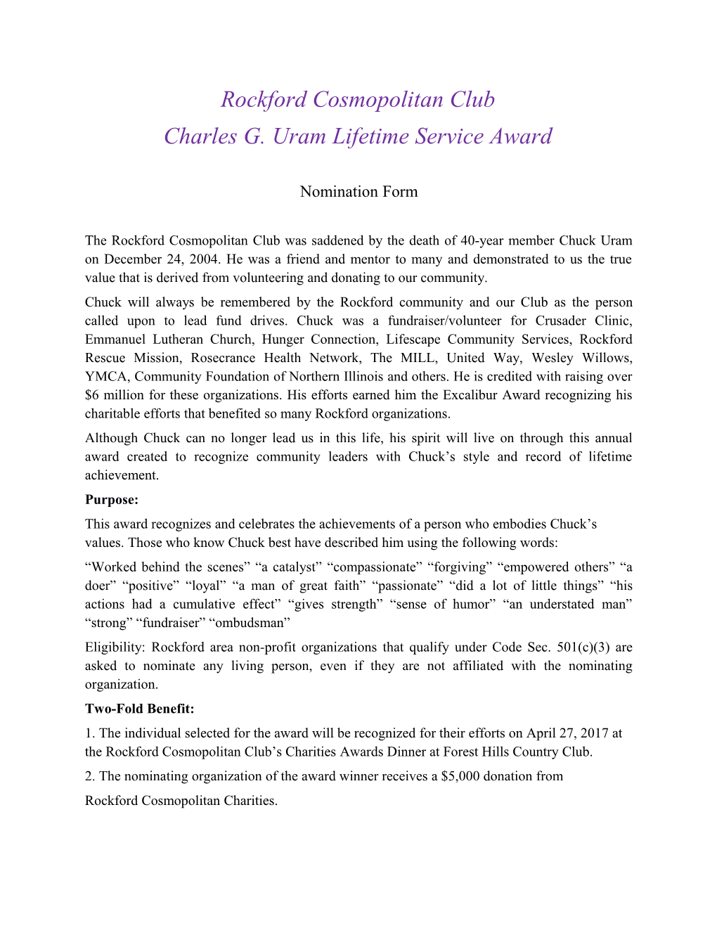 Charles G. Uram Lifetime Service Award