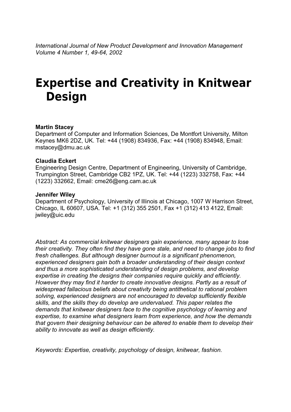 Expertise and Creativity in Knitwear Design