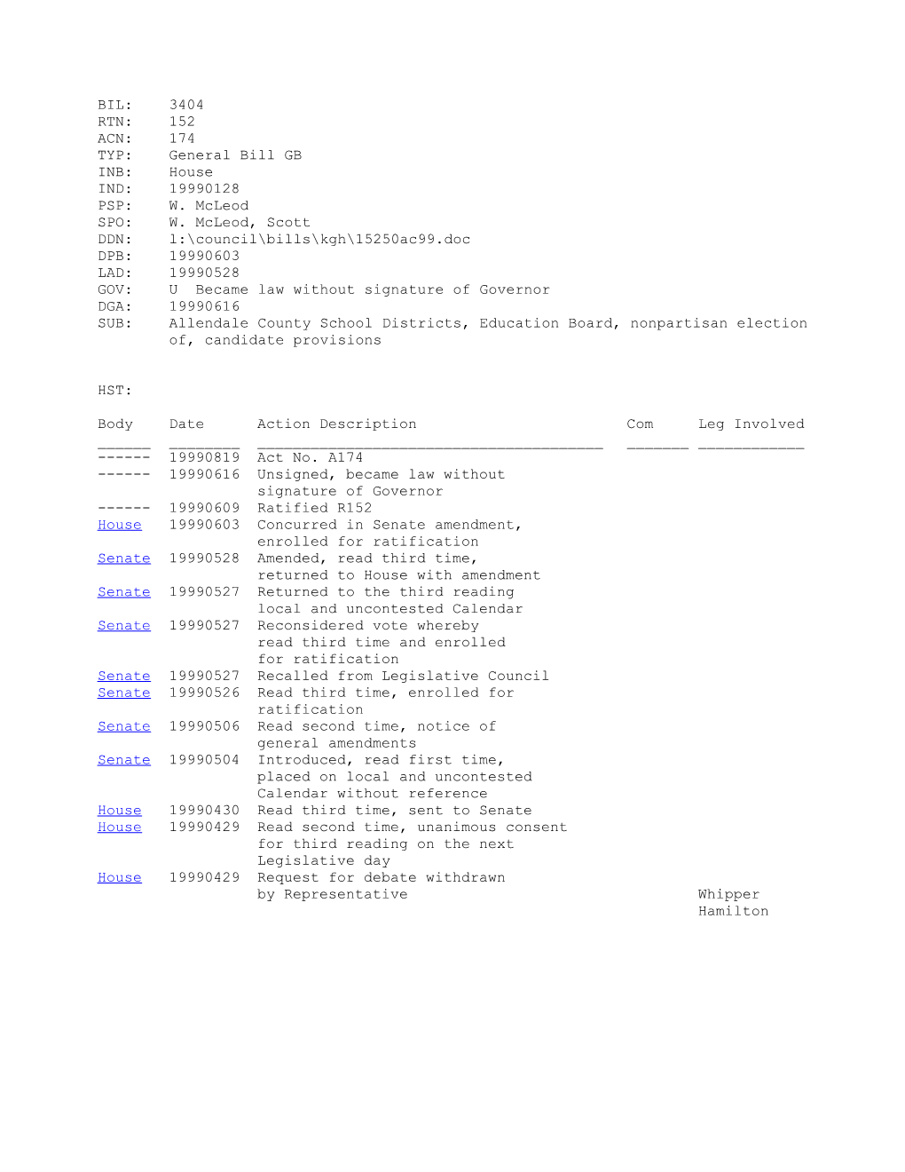 1999-2000 Bill 3404: Allendale County School Districts, Education Board, Nonpartisan Election