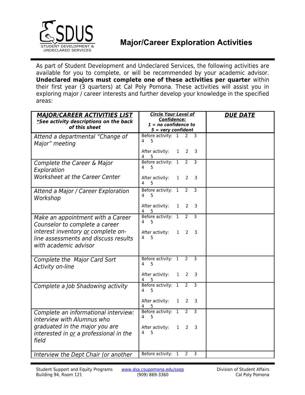 Major/Career Exploration Activities