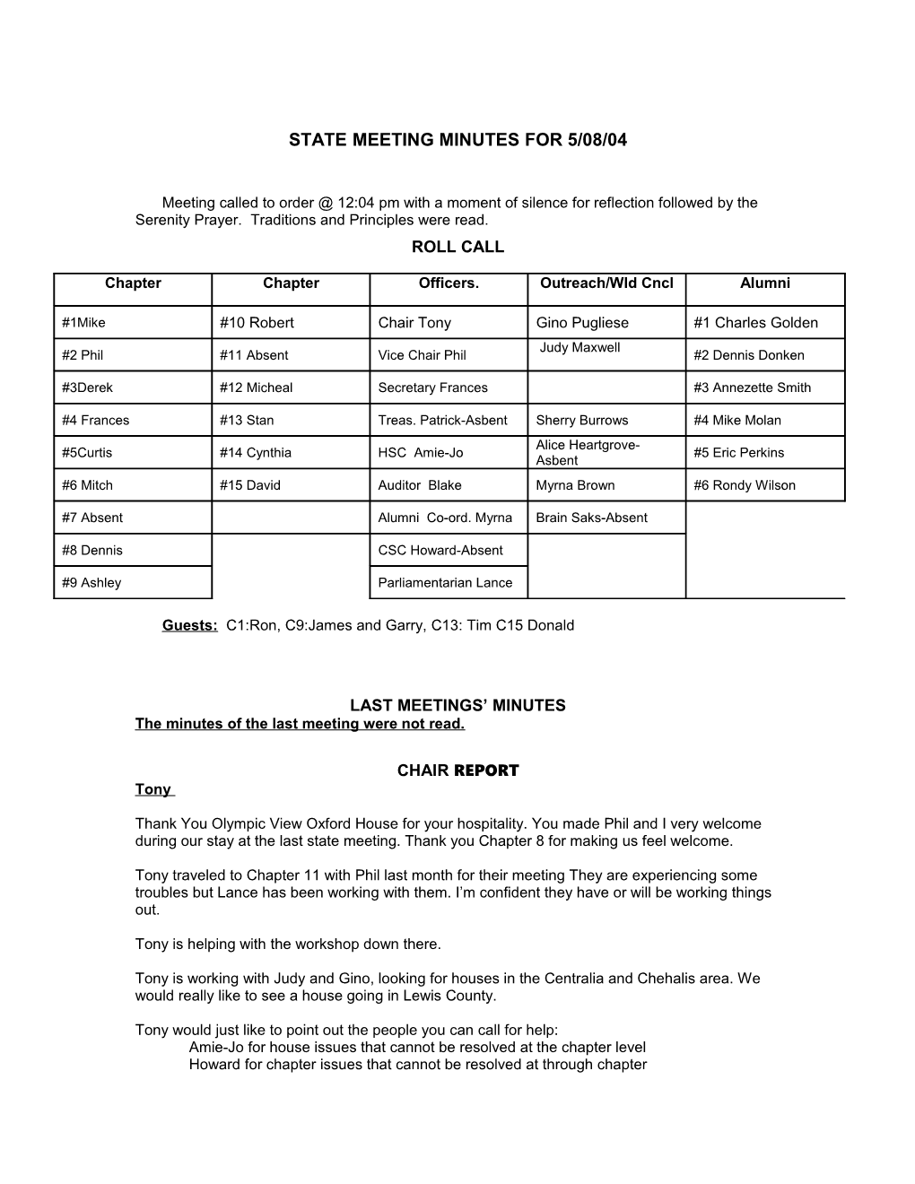 State Meeting Minutes for 3/20/04