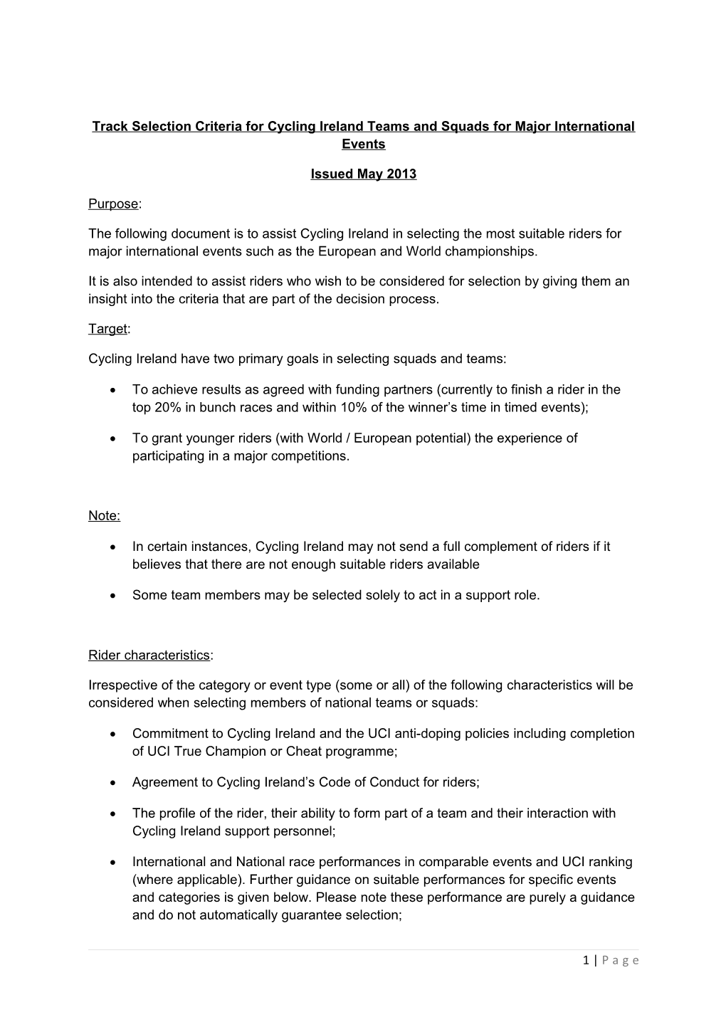 Track Selection Criteria for Cycling Ireland Teams and Squadsfor Major International Events