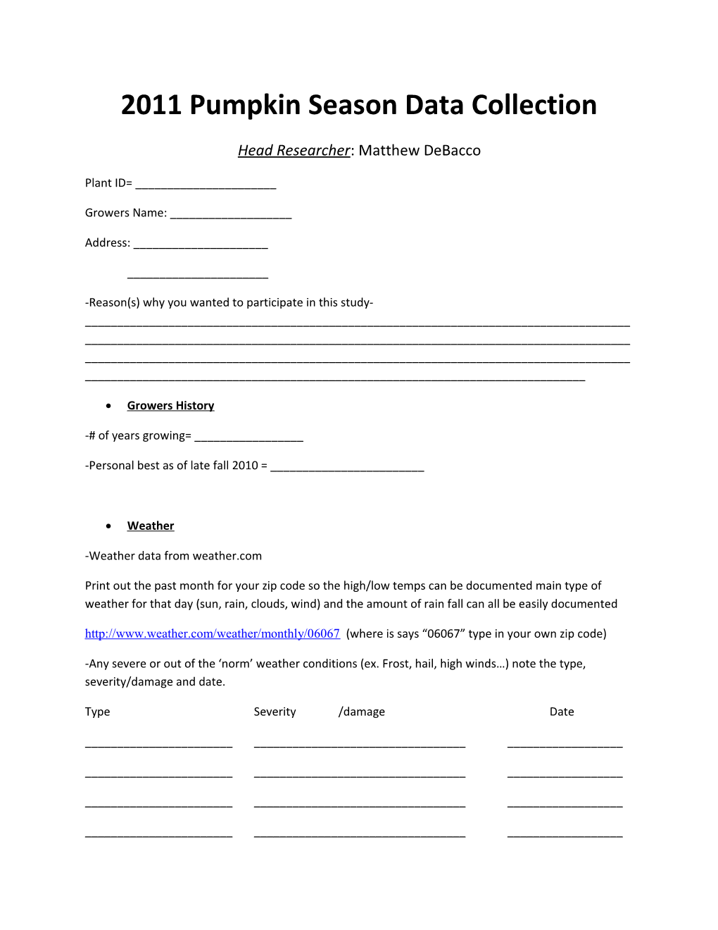 2011 Pumpkin Season Data Collection