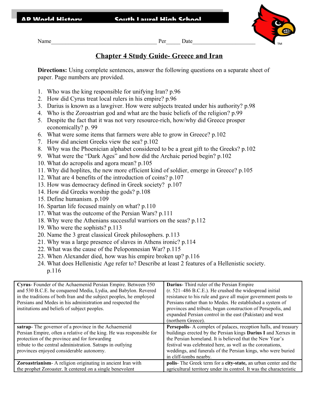 Chapter 4 Study Guide- Greece and Iran