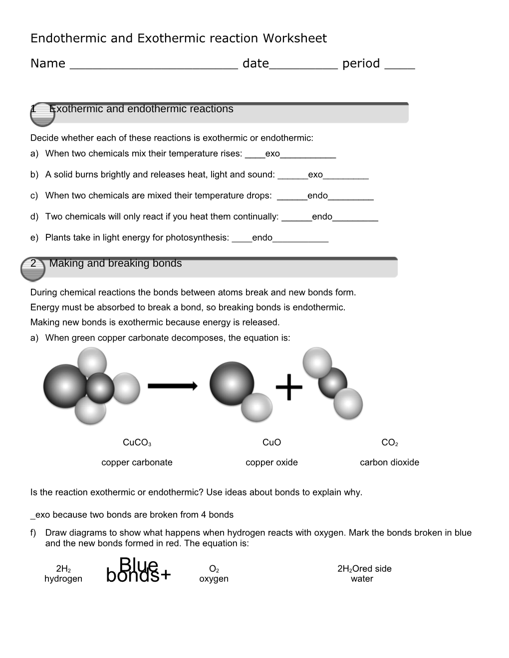 Endothermic and Exothermic Reaction Worksheet