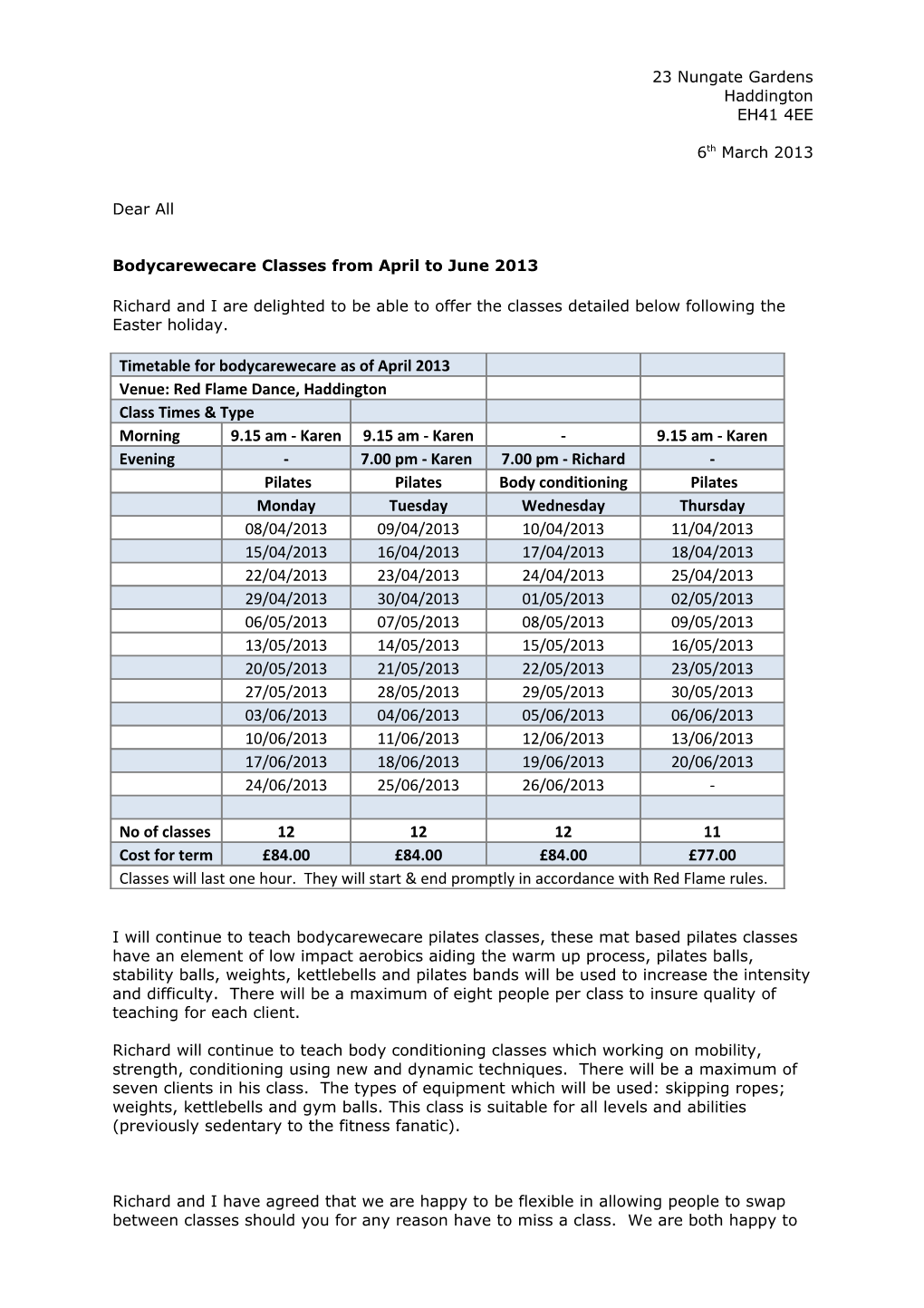 Bodycarewecare Classes Fromapril to June 2013