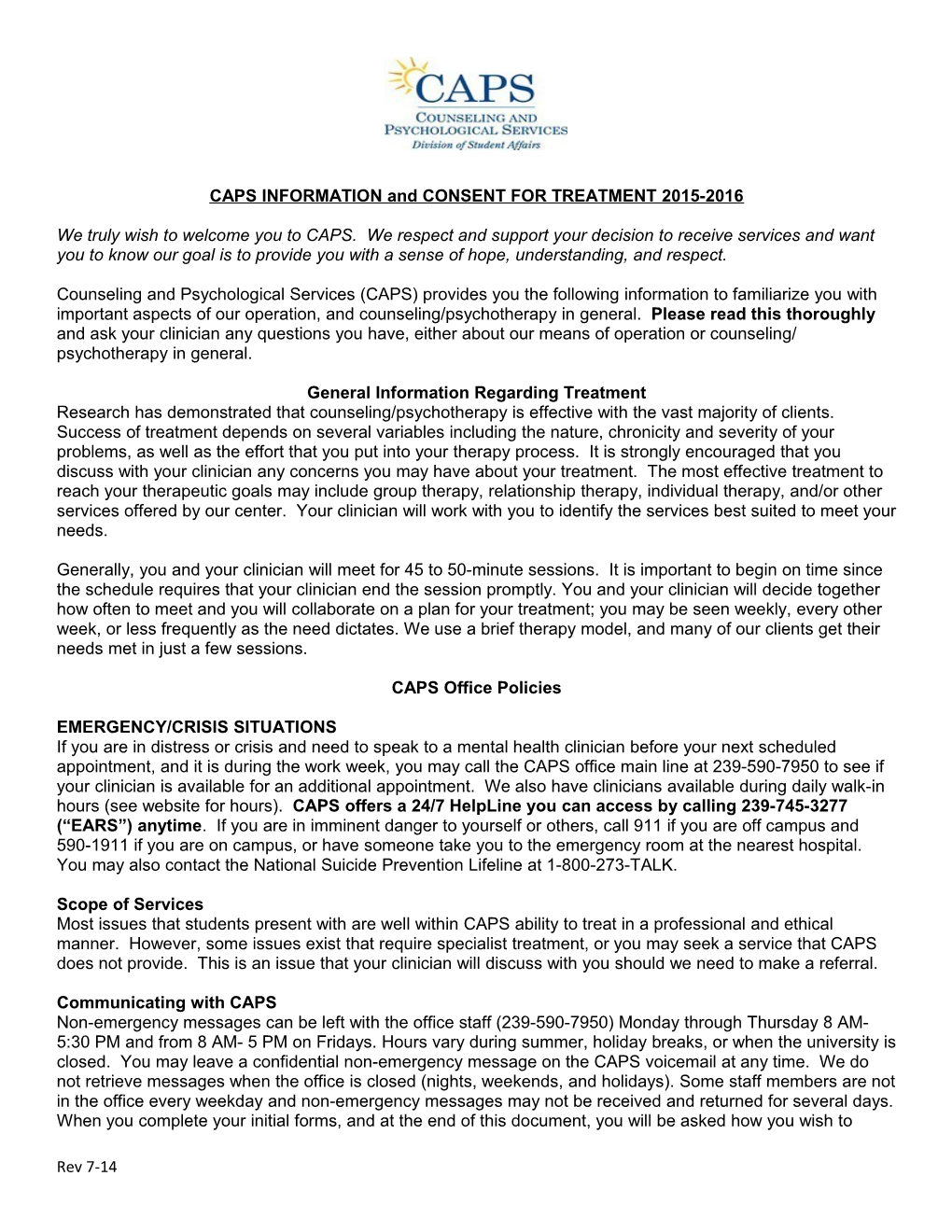 CAPS INFORMATION and CONSENT for TREATMENT 2015-2016