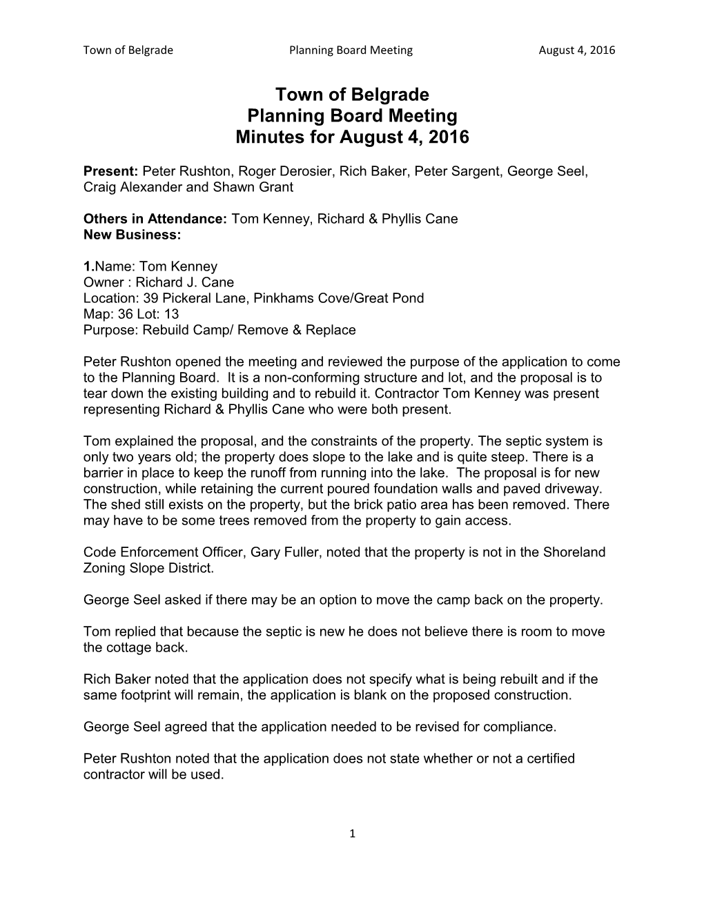 Town of Belgradeplanning Board Meeting August 4, 2016