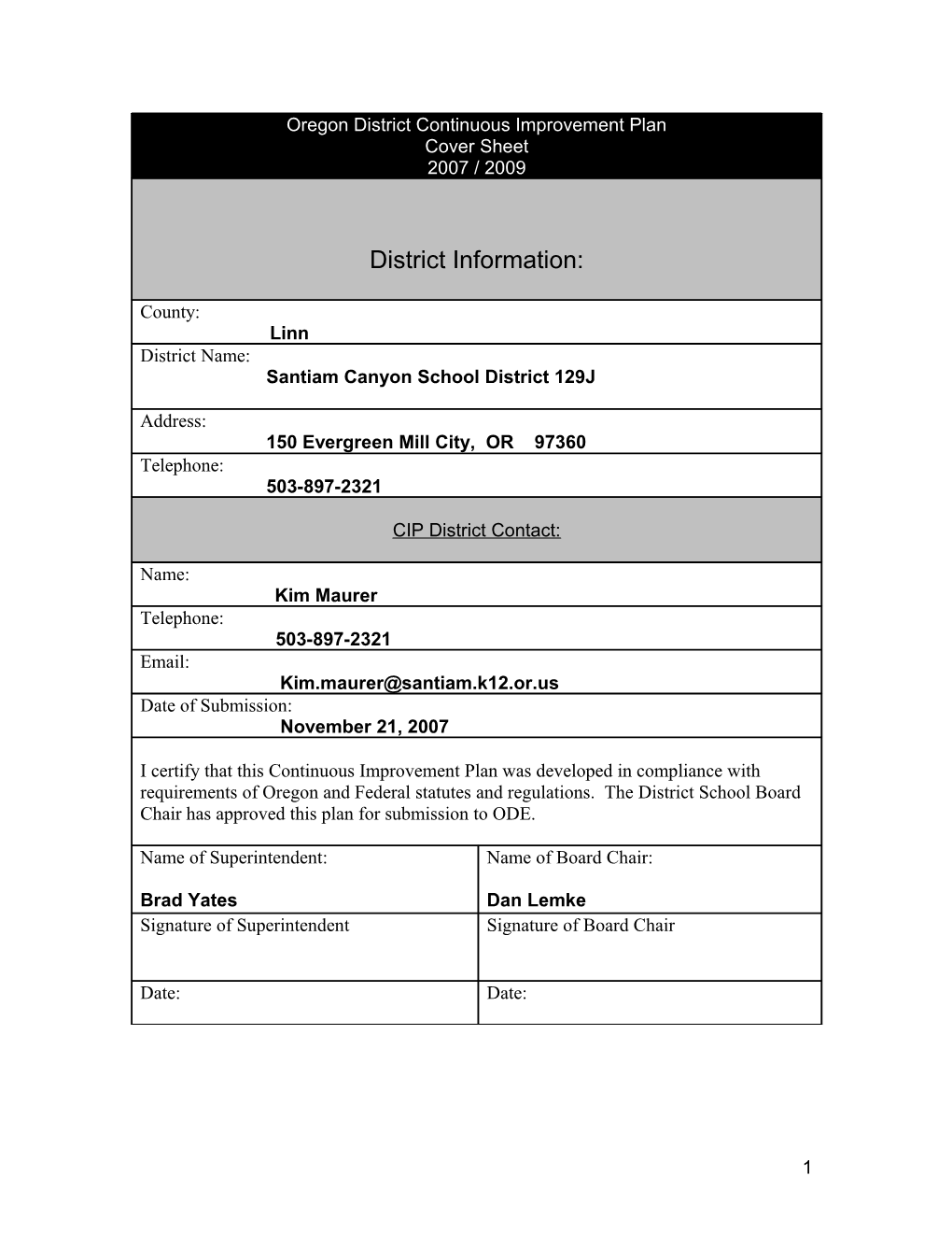 Oregon District Continuous Improvement Plan