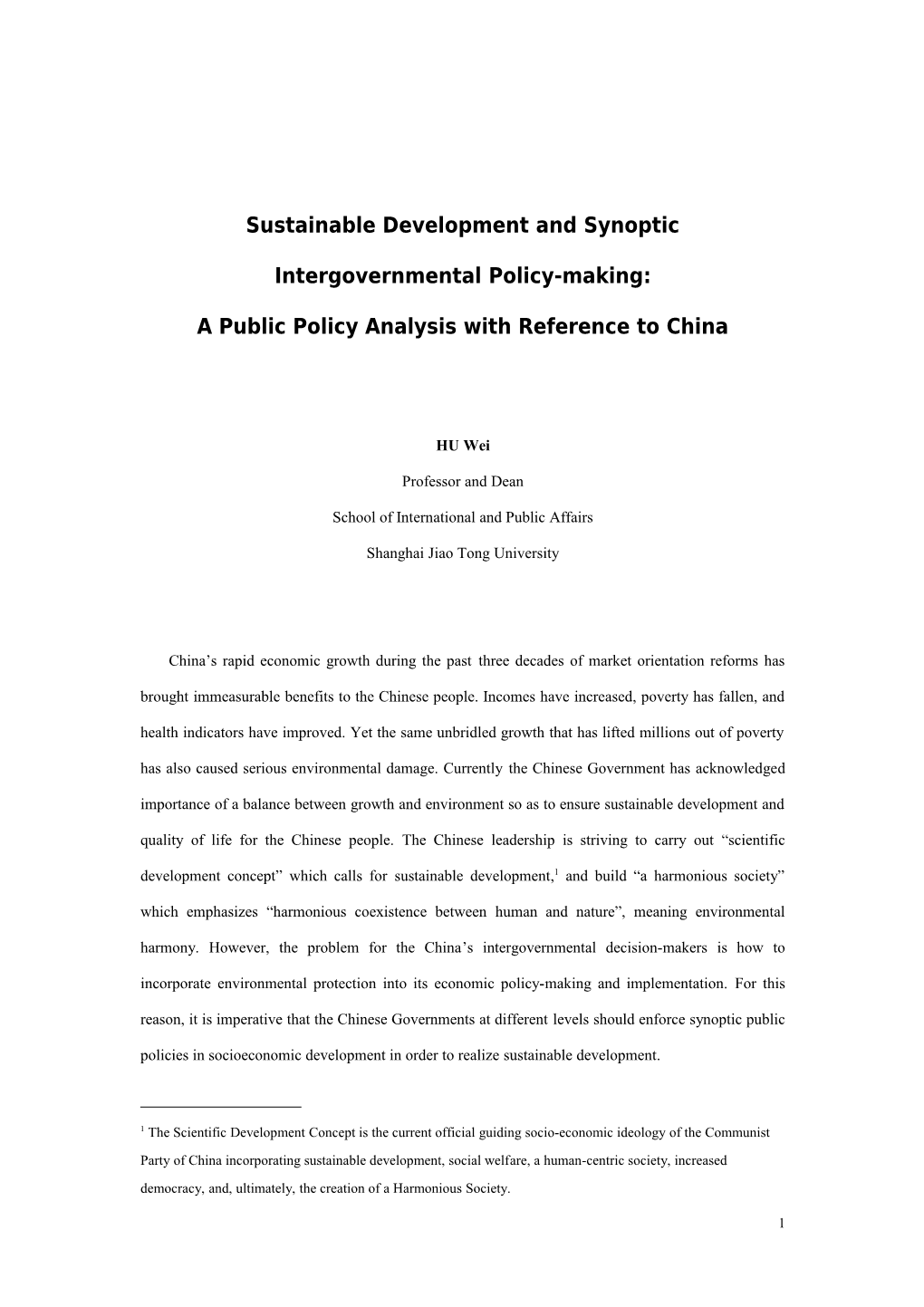 Sustainable Development and Synoptic Intergovernmental Policy-Making