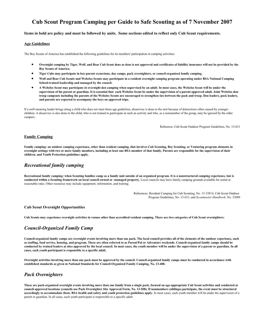 Cub Scout Program Camping Per Guide to Safe Scouting As of 7 November 2007