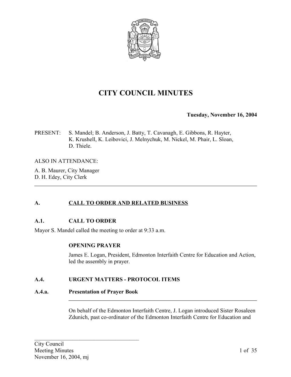 Minutes for City Council November 16, 2004 Meeting