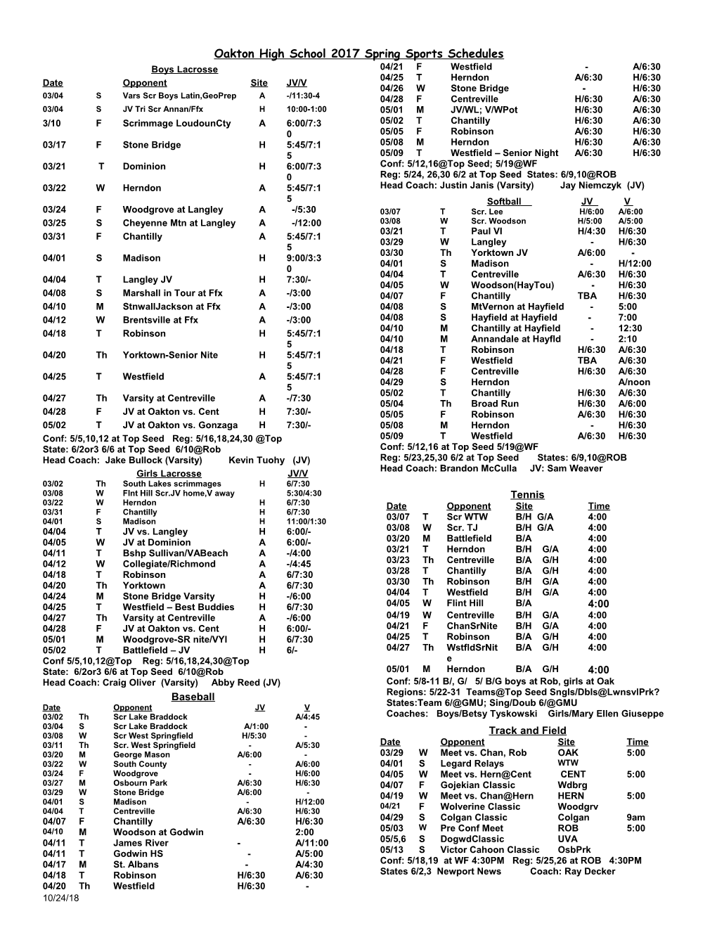 Oakton High School 2017Spring Sports Schedules