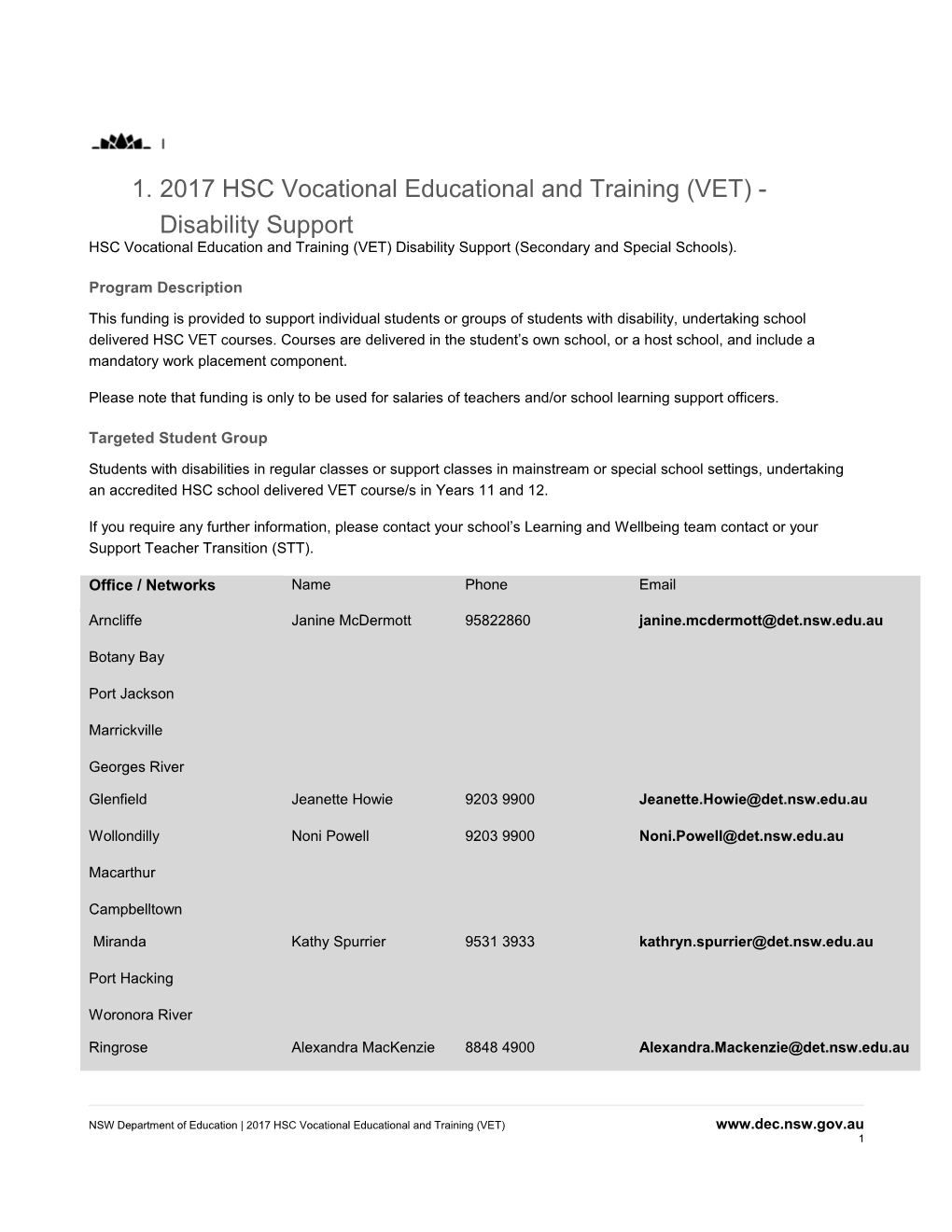 2017 HSC Vocational Educational and Training (VET) - Disability Support