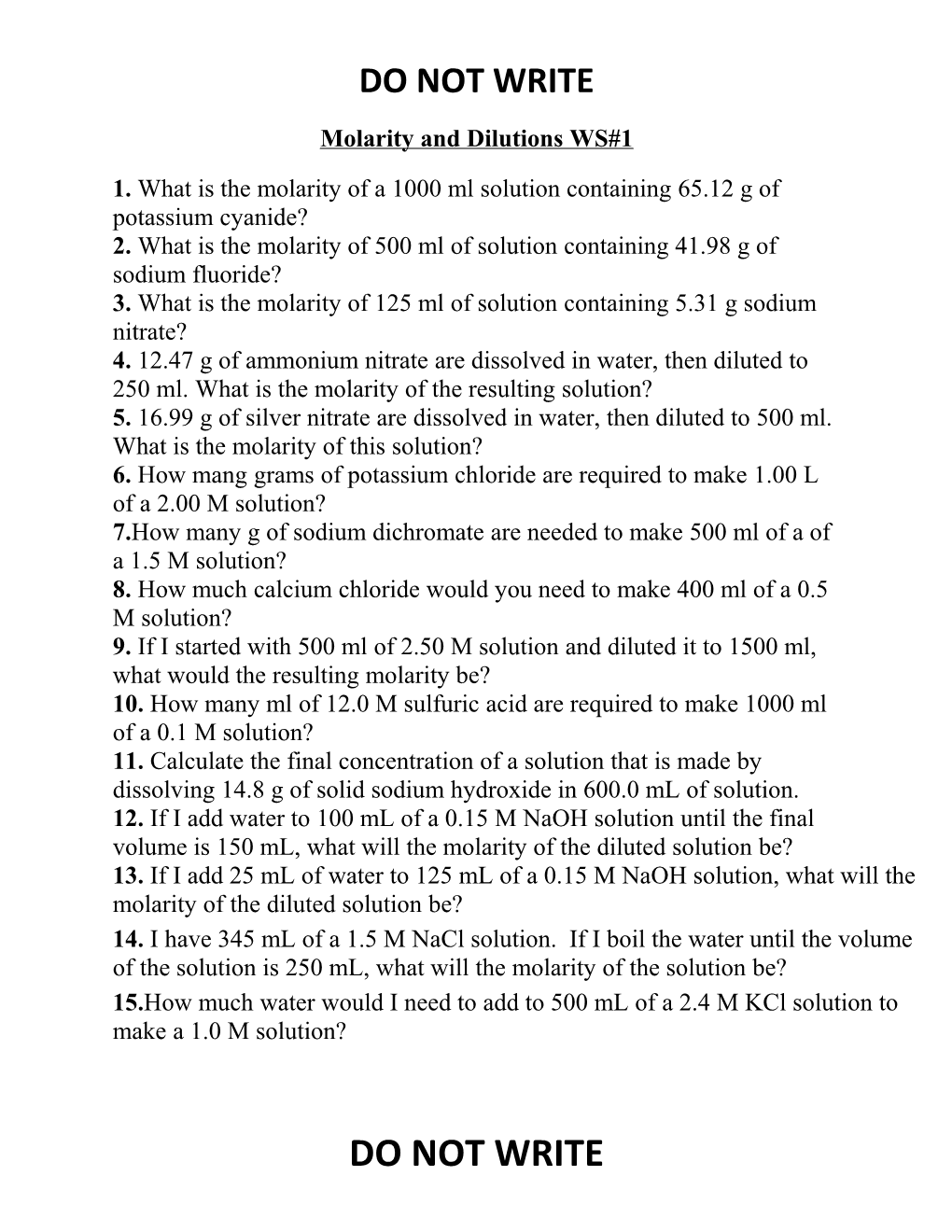 Molarity and Dilutions WS#1