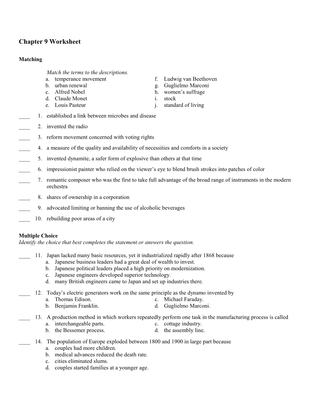 Chapter 9 Worksheet