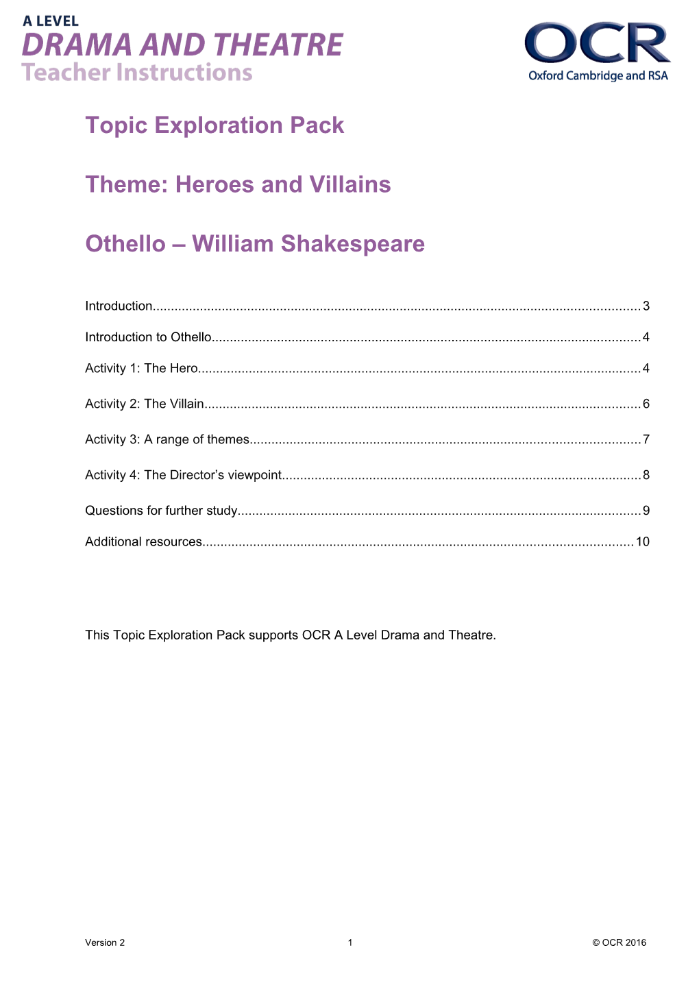 A Level Drama and Theatre Topic Exploration Pack (Othello)