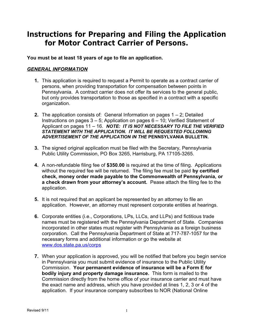 Instructionsfor Preparing and Filing the Application for Motor Contract Carrier of Persons