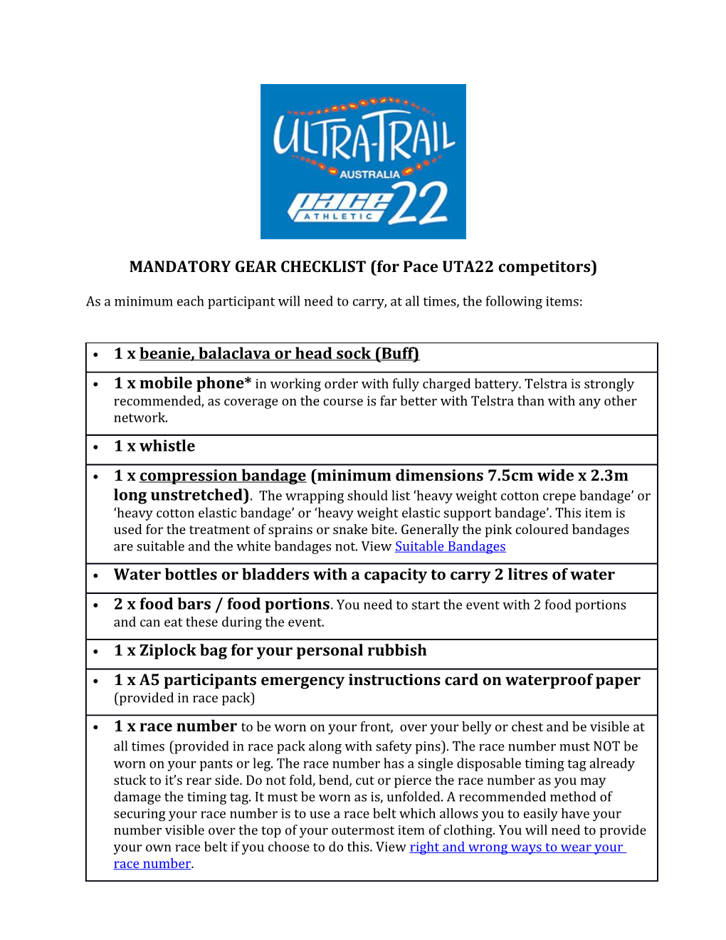 MANDATORY GEAR CHECKLIST (For Pace UTA22 Competitors)