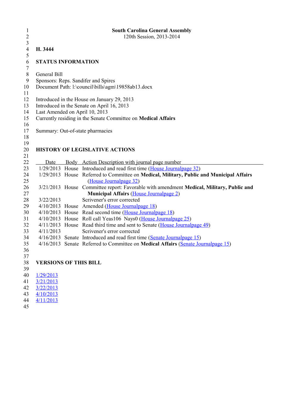 2013-2014 Bill 3444: Out-Of-State Pharmacies - South Carolina Legislature Online