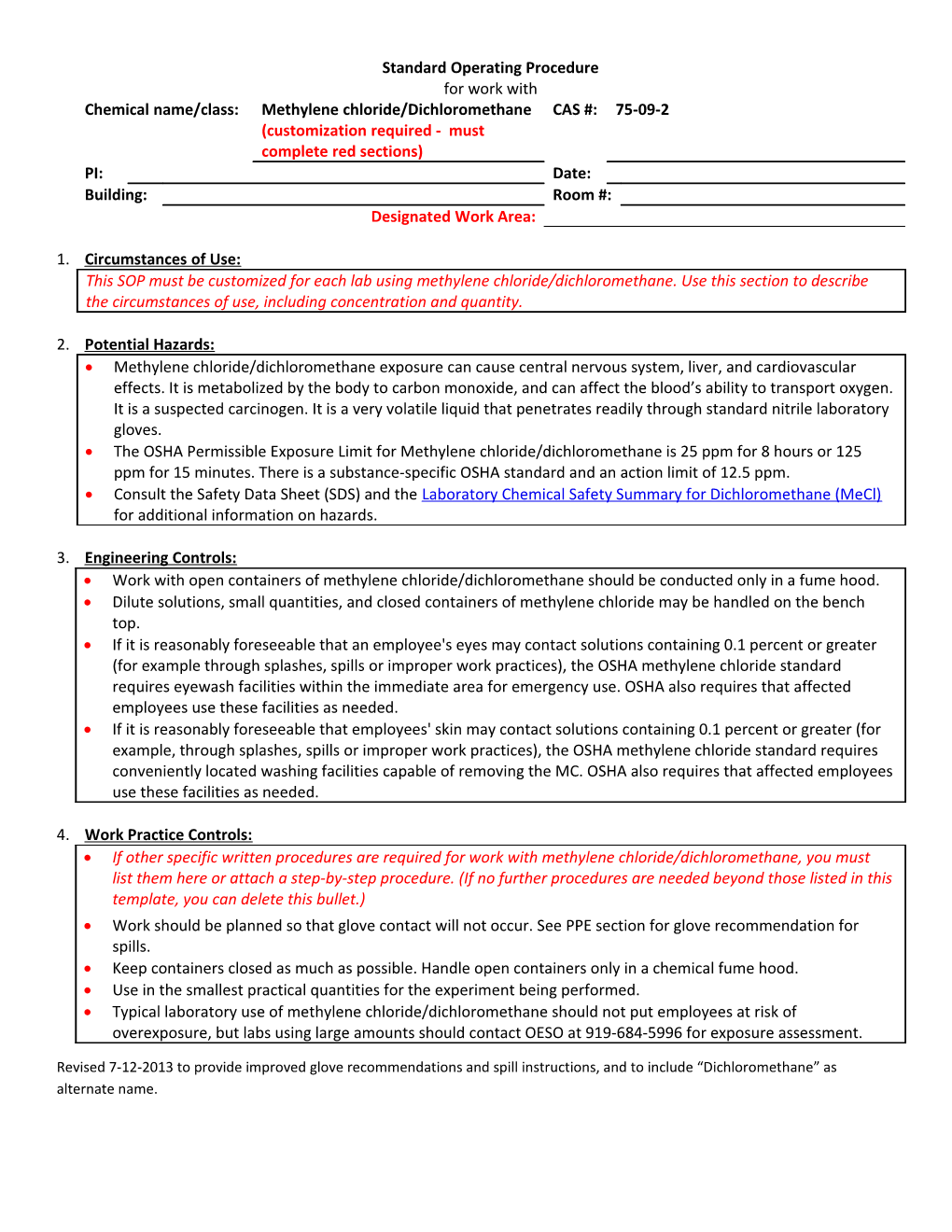 Methylene Chloride SOP Template