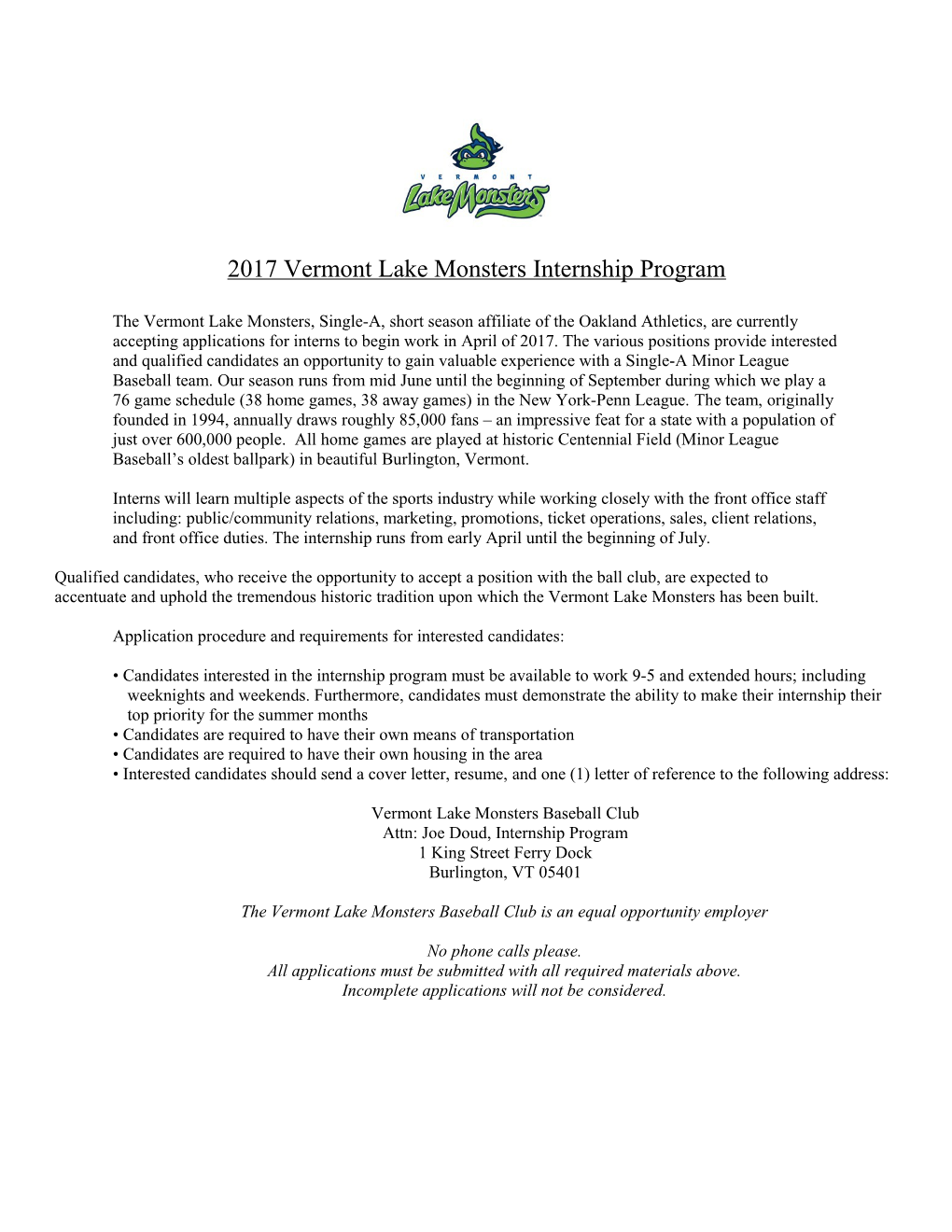 2017 Vermont Lake Monsters Internship Program