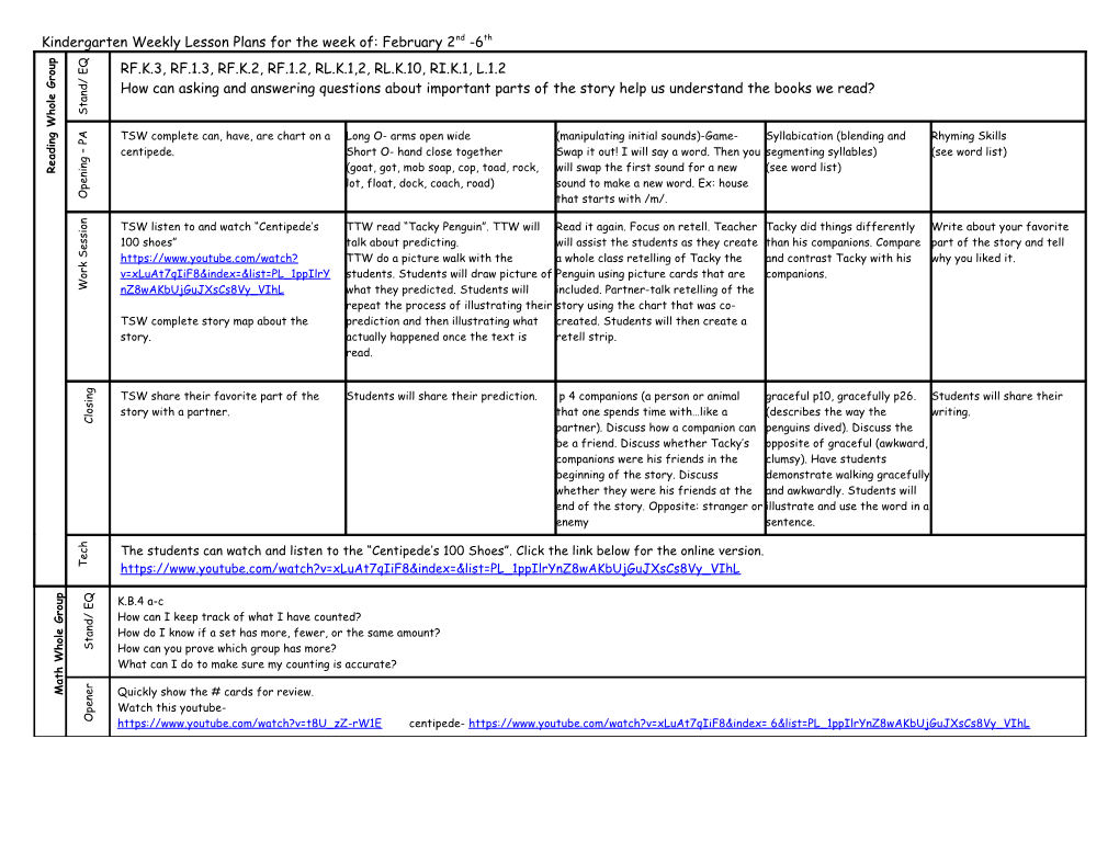 Kindergartenweekly Lesson Plans for the Week Of:February 2Nd -6Th