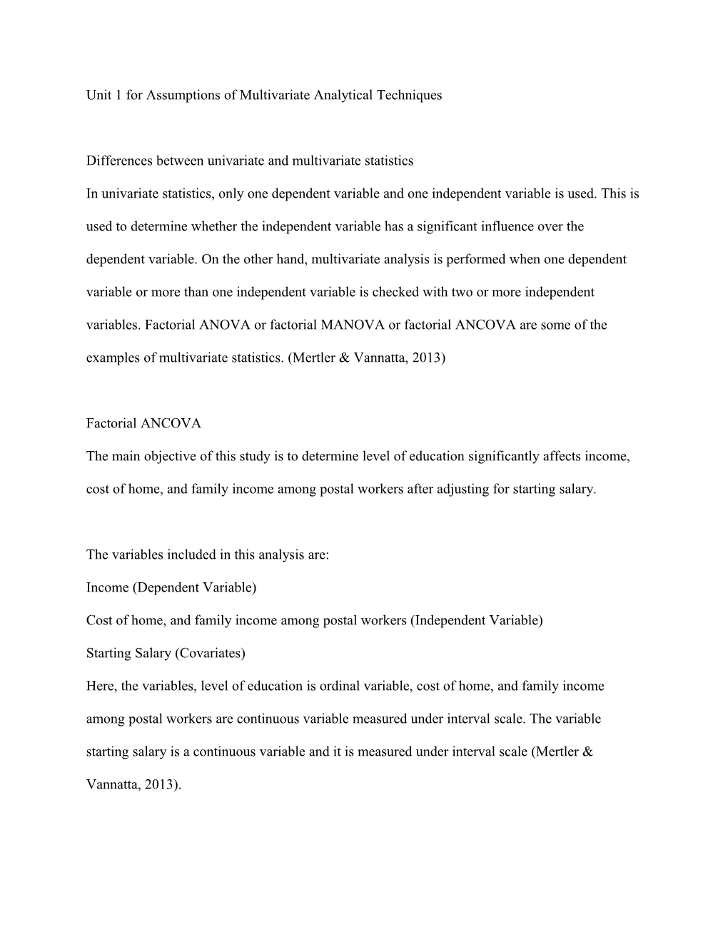 Unit 1 for Assumptions of Multivariate Analytical Techniques