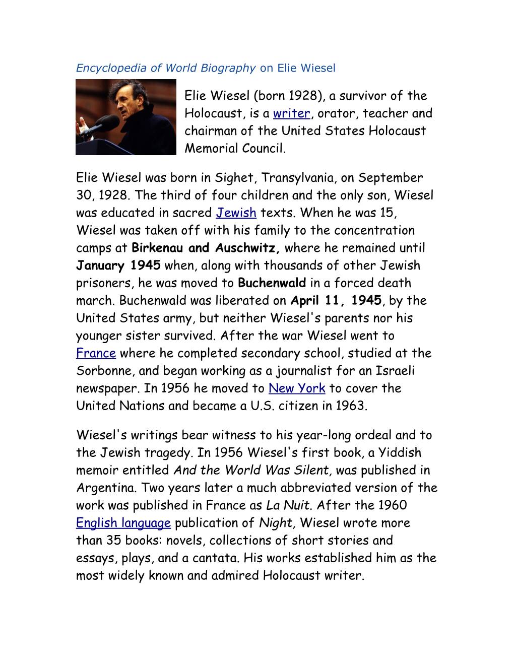 Encyclopedia of World Biography on Elie Wiesel