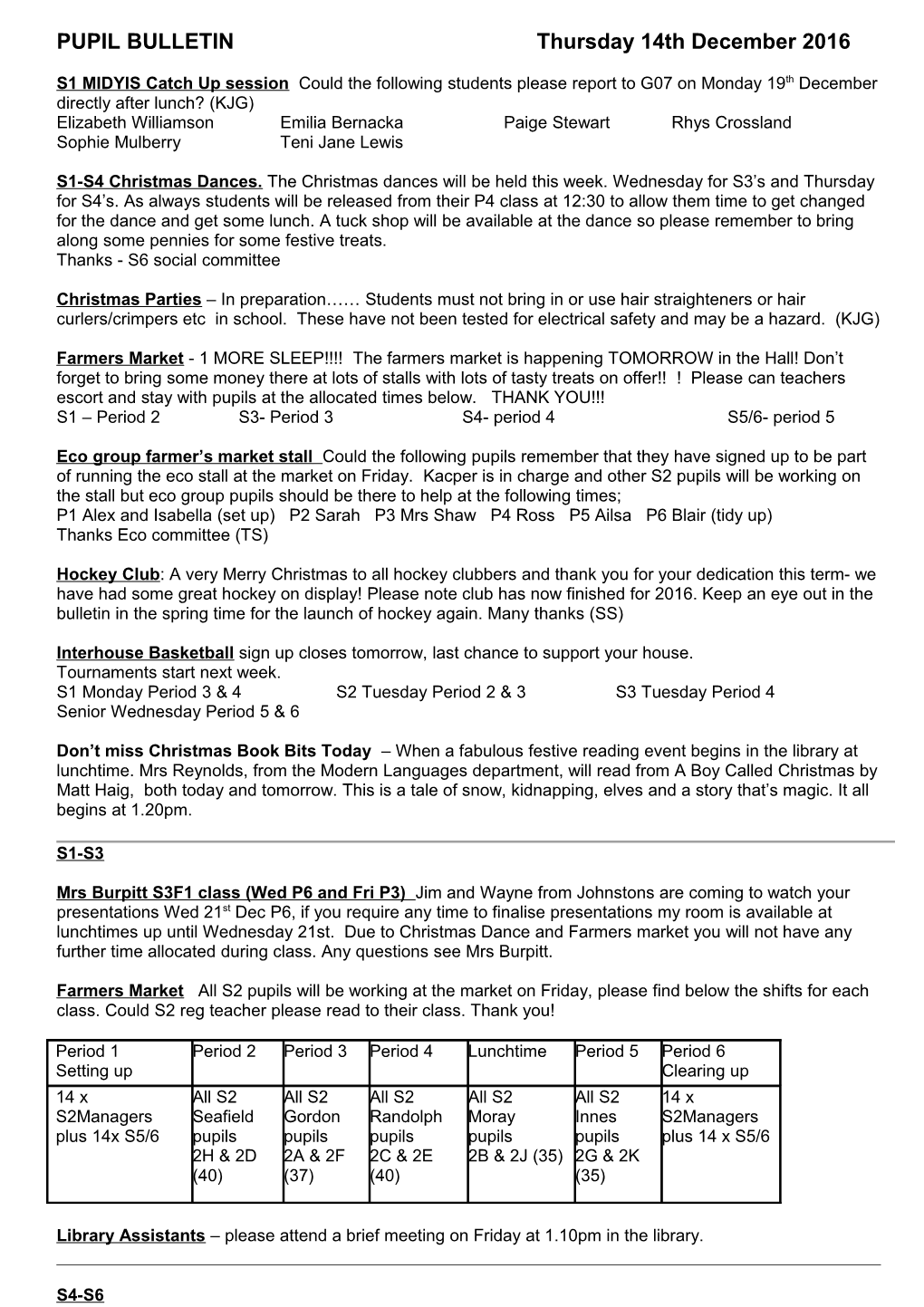 PUPIL BULLETIN Thursday 14Th December 2016