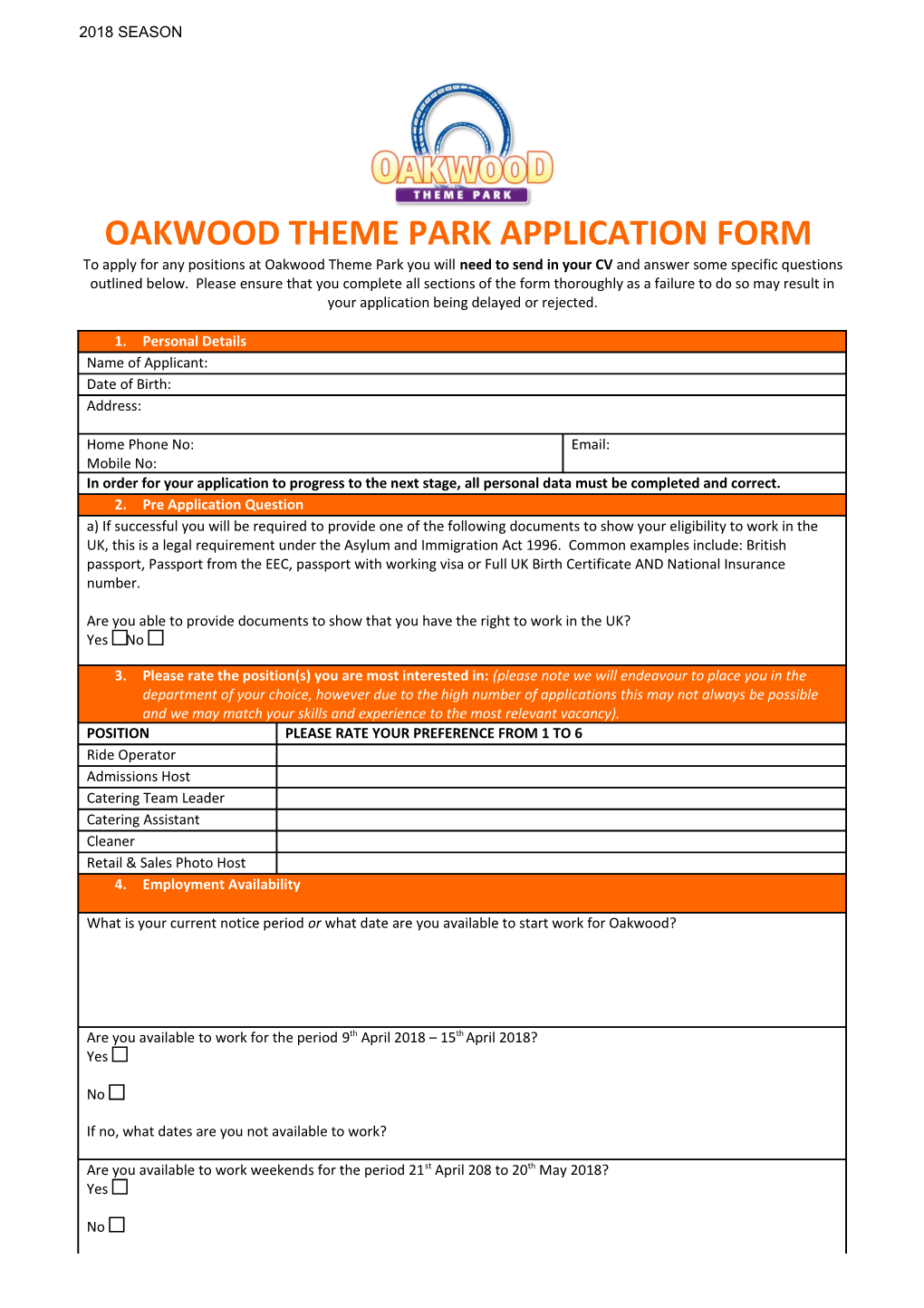 Oakwood Theme Park Application Form