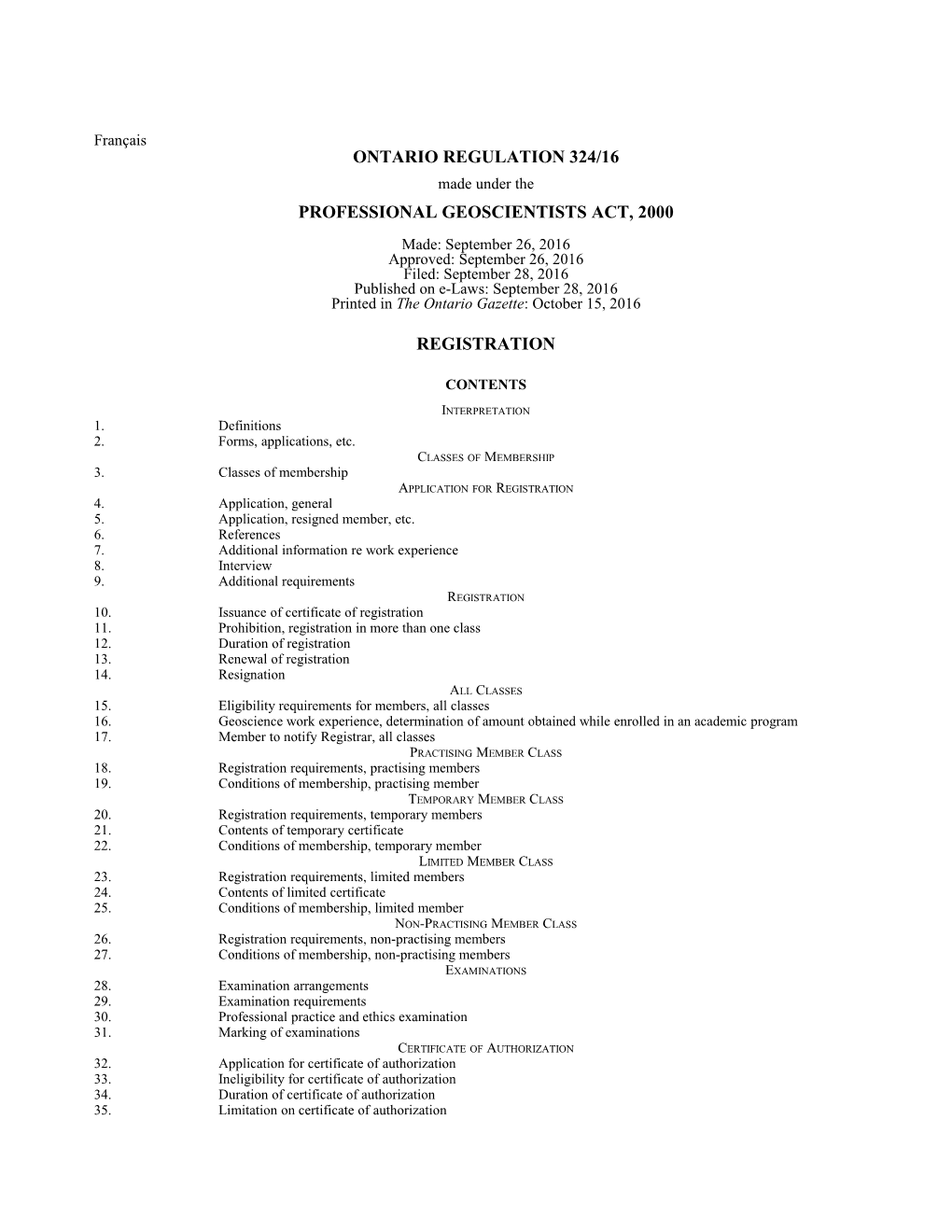 PROFESSIONAL GEOSCIENTISTS ACT, 2000 - O. Reg. 324/16