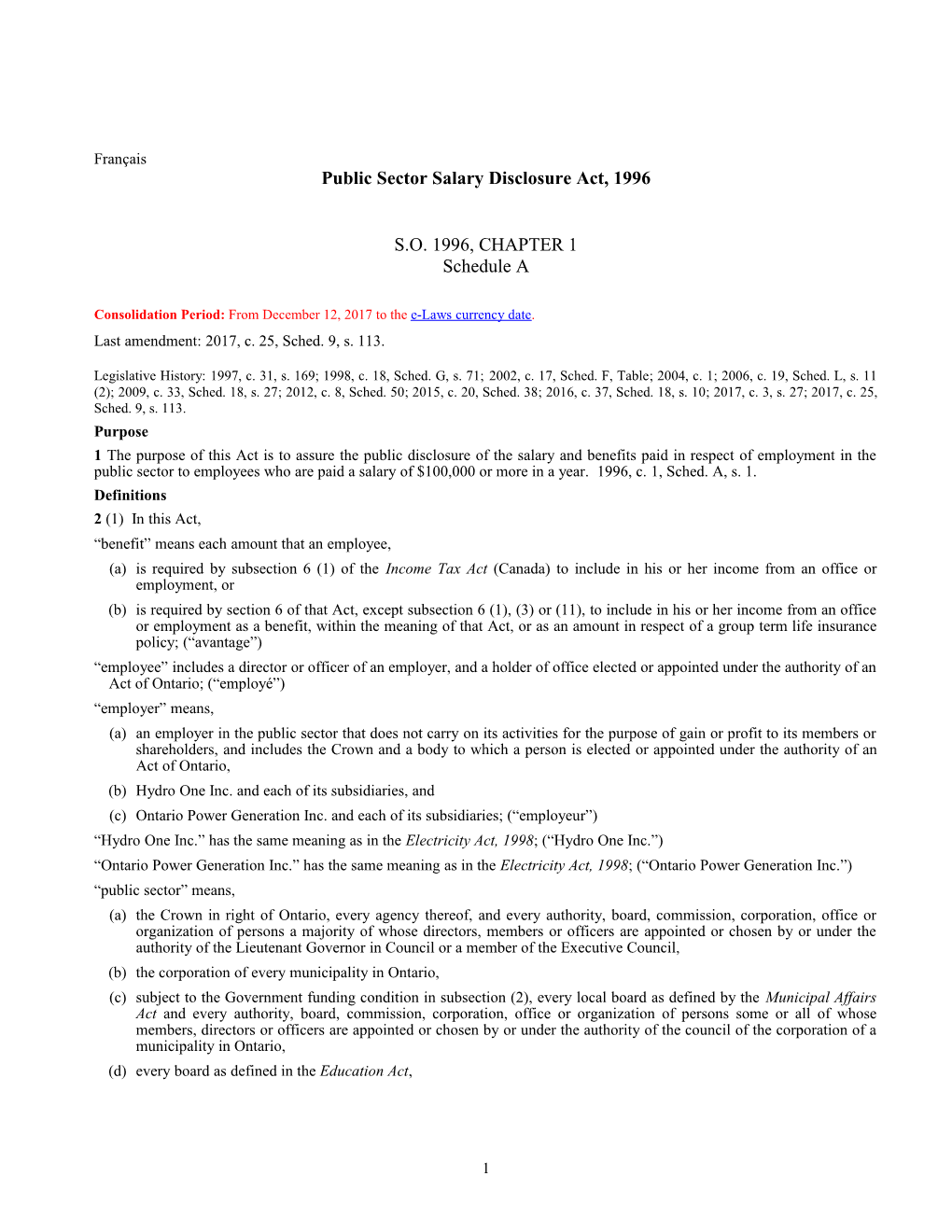 Public Sector Salary Disclosure Act, 1996, S.O. 1996, C. 1, Sched. A