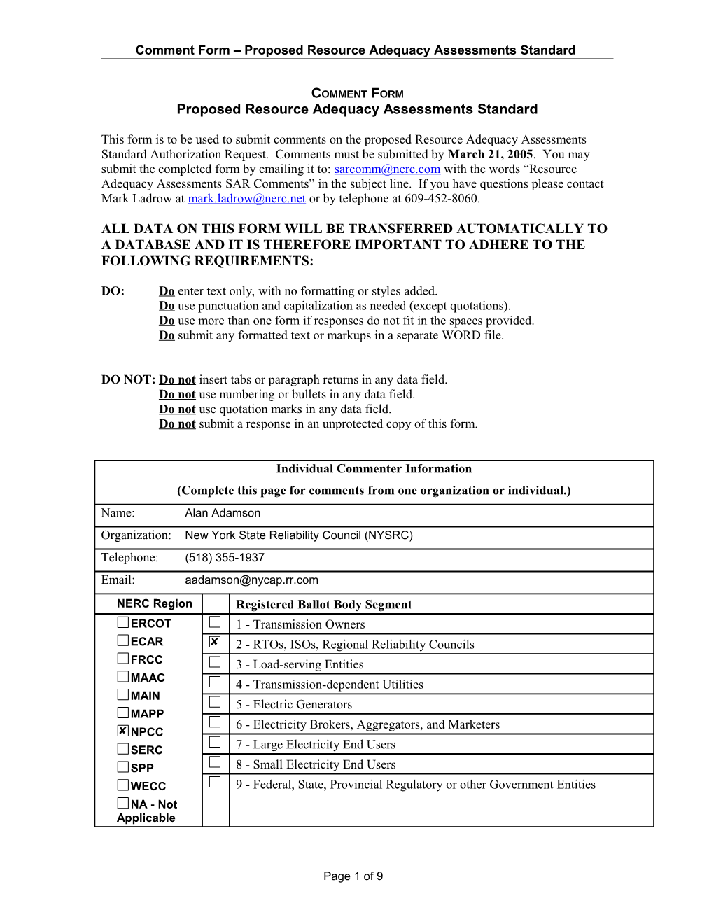 Comment Form Proposed Resource Adequacy Assessments Standard