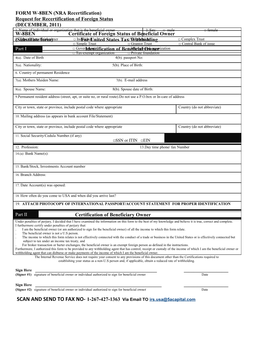 FORM W-8BEN (NRA Recertification)