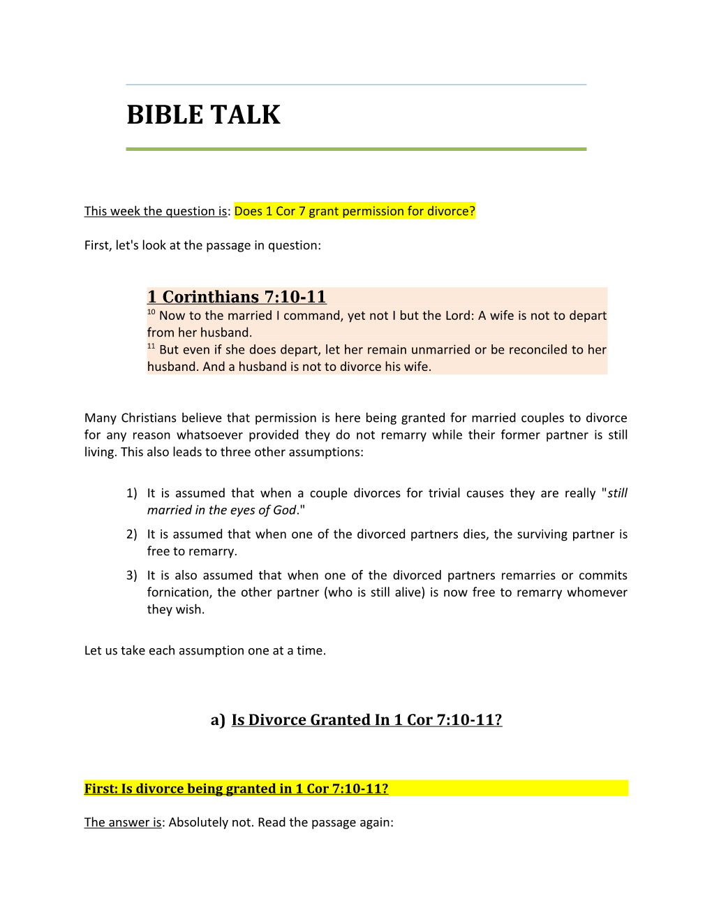 This Week the Question Is: Does 1 Cor 7 Grant Permission for Divorce?